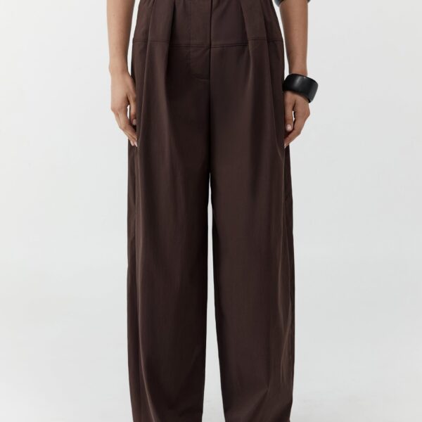 The Frankie Shop Relaxed Pleat Pants - Bark - Oversized Minimalist Pants in Beige - Shop at Coveti