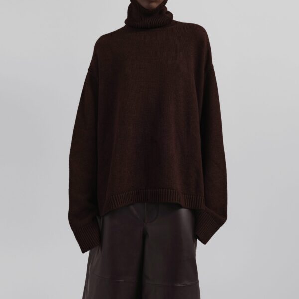 The Frankie Shop Rhea Trapeze Turtleneck - Dark Brown - Oversized Minimalist Knitwear in Beige - Shop at Coveti