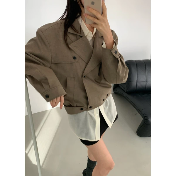 The Frankie Shop Rillan Double-Breasted Blouson Jacket – Taupe Melange, view 2