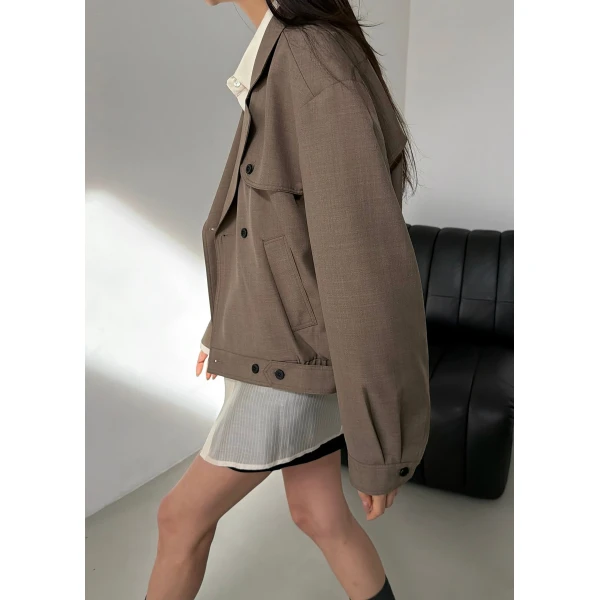 The Frankie Shop Rillan Double-Breasted Blouson Jacket – Taupe Melange, view 3