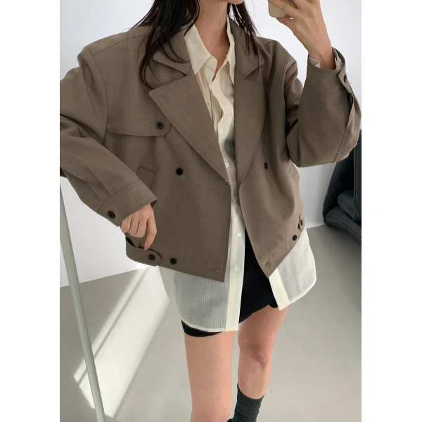 The Frankie Shop Rillan Double-Breasted Blouson Jacket – Taupe Melange, view 4