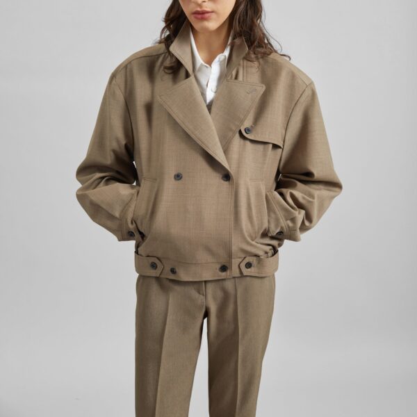 The Frankie Shop Rillan Double-Breasted Blouson Jacket - Taupe Melange - Oversized Minimalist Jackets in Beige - Shop at Coveti