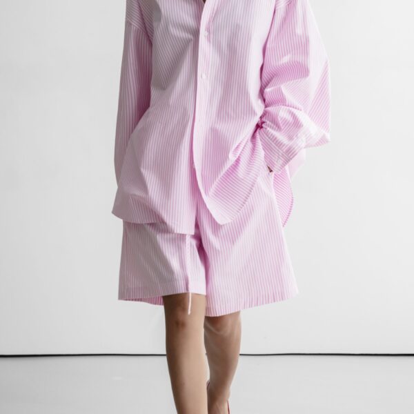 The Frankie Shop Rimini Bermuda Shorts - Pink/White Stripe - Oversized Minimalist Shorts in Multicolour - Shop at Coveti