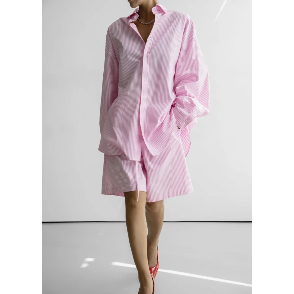 The Frankie Shop Rimini Oversized Poplin Shirt – Pink/White Stripe, view 2