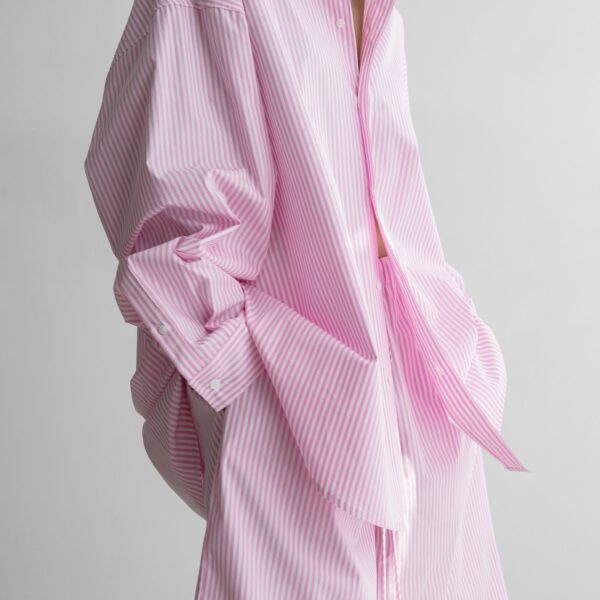 The Frankie Shop Rimini Oversized Poplin Shirt - Pink/White Stripe - Oversized Minimalist Tops in Multicolour - Shop at Coveti