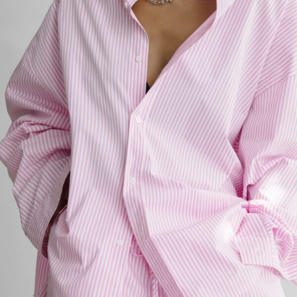 The Frankie Shop Rimini Oversized Poplin Shirt - Pink/White Stripe - Oversized Minimalist Tops in Multicolour - Shop at Coveti