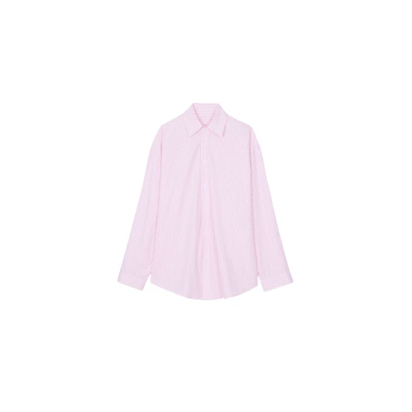 The Frankie Shop Rimini Oversized Poplin Shirt - Pink/White Stripe - Oversized Minimalist Tops in Multicolour - Shop at Coveti