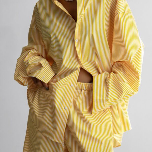 The Frankie Shop Rimini Oversized Poplin Shirt - Yellow/White Stripe - Oversized Minimalist Tops in Multicolour - Shop at Coveti