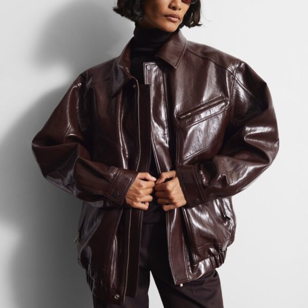 The Frankie Shop Risner Faux Leather Jacket - Burgundy - Oversized Minimalist Jackets in Red - Shop at Coveti