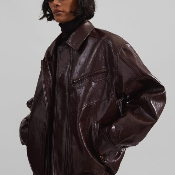 The Frankie Shop Risner Faux Leather Jacket - Burgundy - Oversized Minimalist Jackets in Red - Shop at Coveti