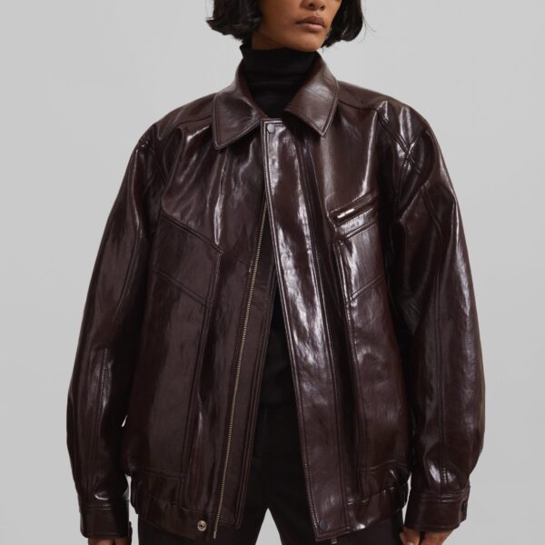 The Frankie Shop Risner Faux Leather Jacket - Burgundy - Oversized Minimalist Jackets in Red - Shop at Coveti