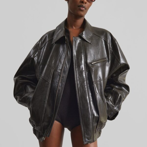 The Frankie Shop Risner Faux Leather Jacket - Dark Brown - Oversized Minimalist Jackets in Beige - Shop at Coveti