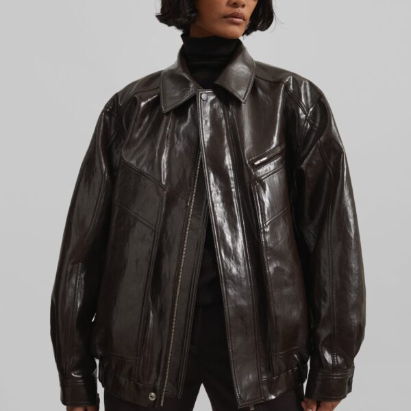 The Frankie Shop Risner Faux Leather Jacket - Dark Brown - Oversized Minimalist Jackets in Beige - Shop at Coveti