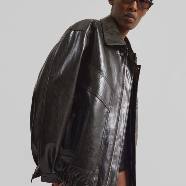 The Frankie Shop Risner Faux Leather Jacket - Dark Brown - Oversized Minimalist Jackets in Beige - Shop at Coveti