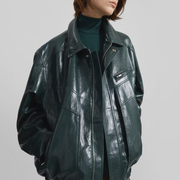 The Frankie Shop Risner Faux Leather Jacket - Deep Green - Oversized Minimalist Jackets in Green - Shop at Coveti