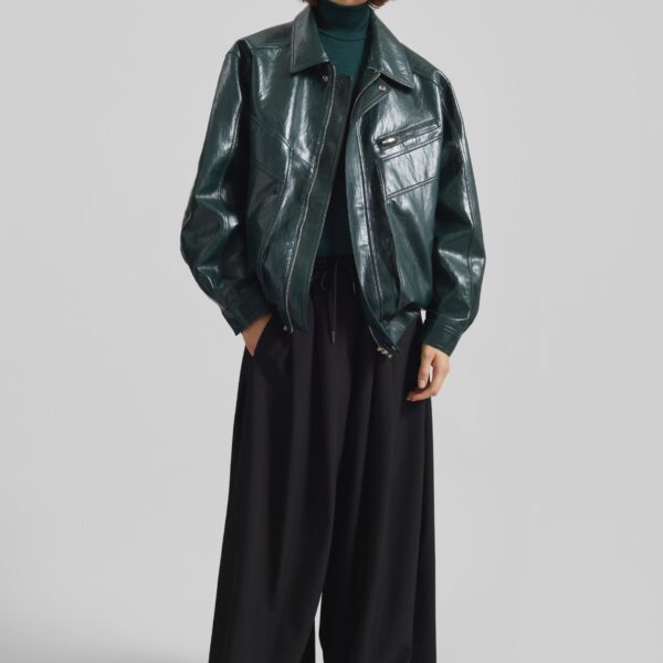 The Frankie Shop Risner Faux Leather Jacket - Deep Green - Oversized Minimalist Jackets in Green - Shop at Coveti