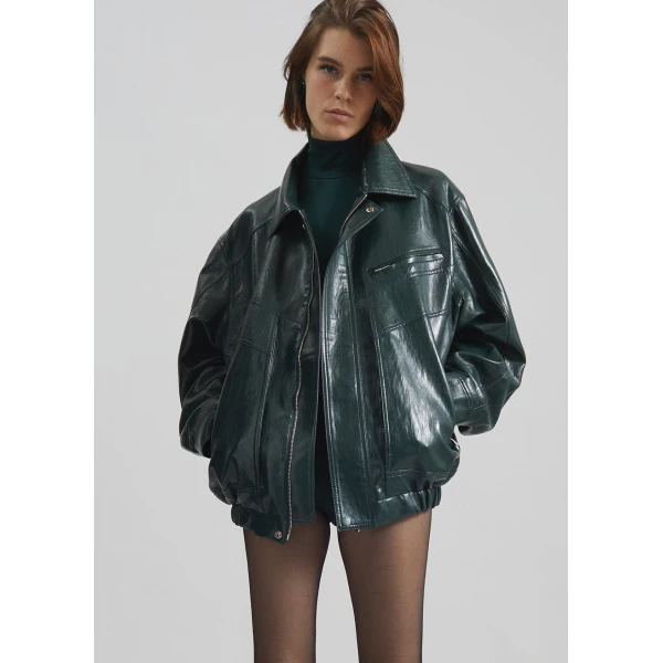 The Frankie Shop Risner Faux Leather Jacket - Deep Green - Oversized Minimalist Jackets in Green - Shop at Coveti