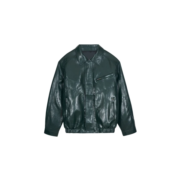 The Frankie Shop Risner Faux Leather Jacket - Deep Green - Oversized Minimalist Jackets in Green - Shop at Coveti