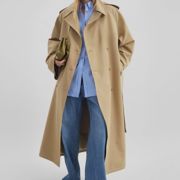The Frankie Shop Riva Cotton Trench Coat - Camel - Oversized Minimalist Coats in Beige - Shop at Coveti
