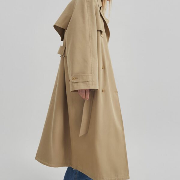 The Frankie Shop Riva Cotton Trench Coat - Camel - Oversized Minimalist Coats in Beige - Shop at Coveti
