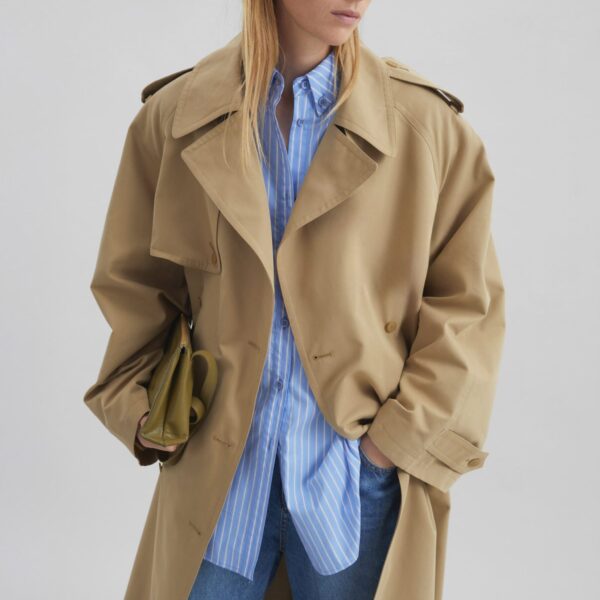 The Frankie Shop Riva Cotton Trench Coat - Camel - Oversized Minimalist Coats in Beige - Shop at Coveti