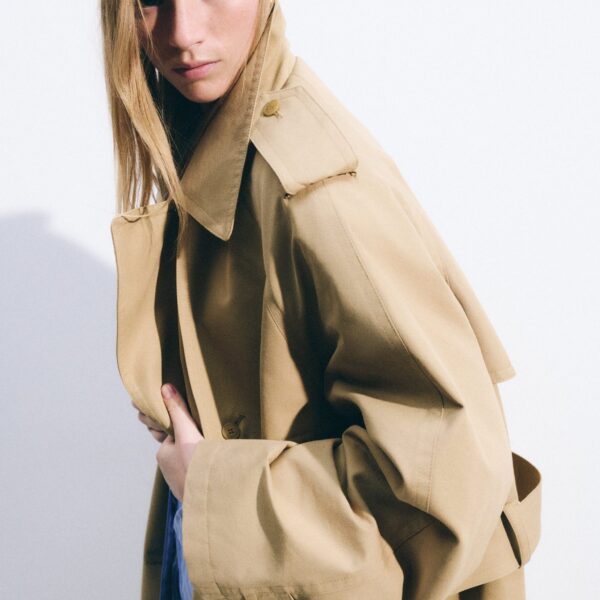 The Frankie Shop Riva Cotton Trench Coat - Camel - Oversized Minimalist Coats in Beige - Shop at Coveti