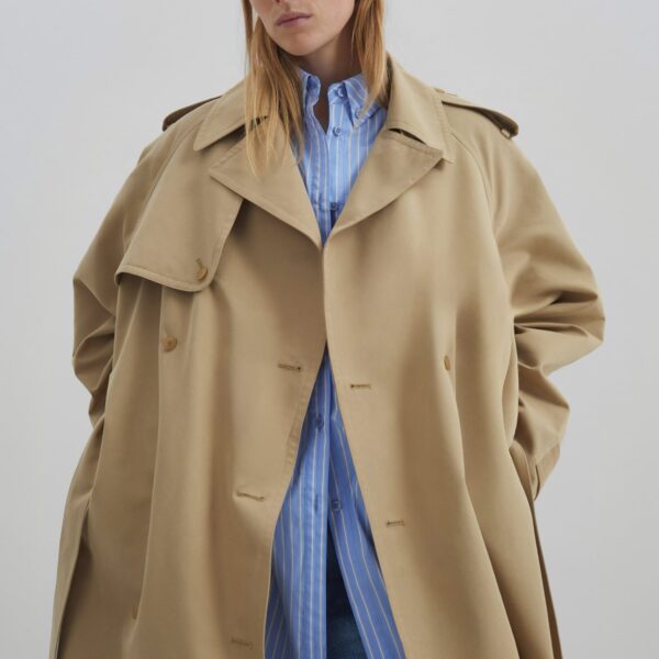 The Frankie Shop Riva Cotton Trench Coat - Camel - Oversized Minimalist Coats in Beige - Shop at Coveti