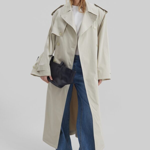The Frankie Shop Riva Cotton Trench Coat - Light Beige - Oversized Minimalist Coats in Beige - Shop at Coveti