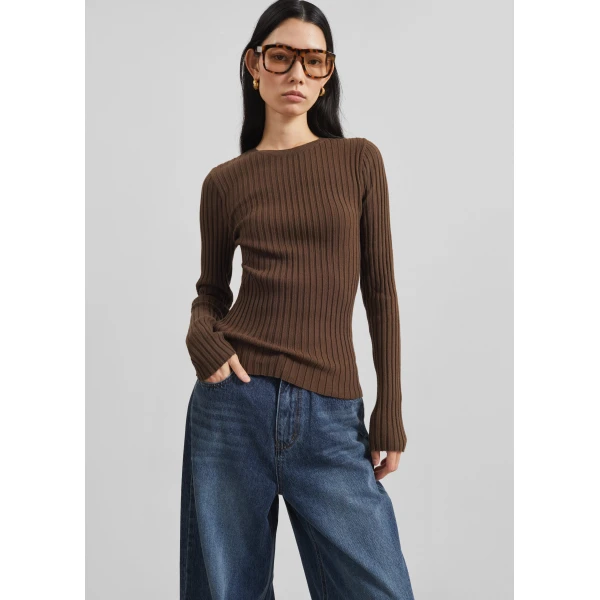 The Frankie Shop Ruan Ribbed Knit Top – Brown, view 2