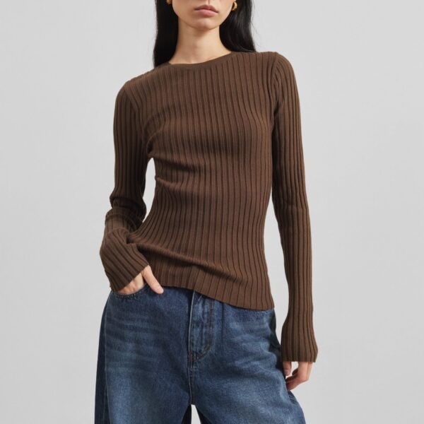 The Frankie Shop Ruan Ribbed Knit Top - Brown - Oversized Minimalist Tops in Beige - Shop at Coveti
