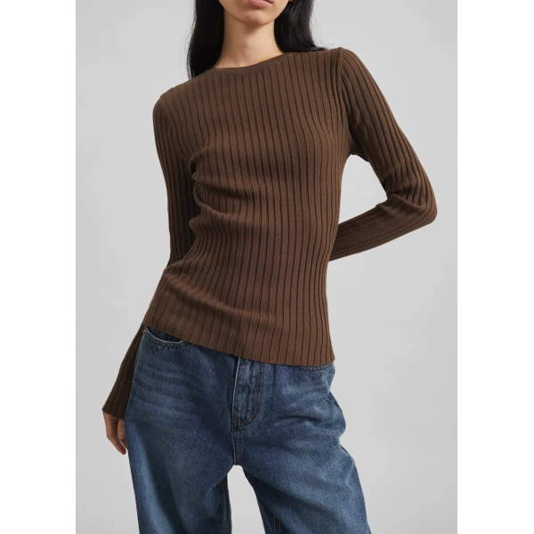 The Frankie Shop Ruan Ribbed Knit Top – Brown, view 3