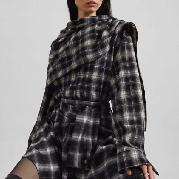 The Frankie Shop Rue Scarf Shirt - Black Plaid - Oversized Minimalist Tops in Multicolour - Shop at Coveti
