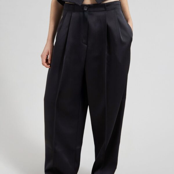 The Frankie Shop Rui Satin Trousers - Black - Oversized Minimalist Pants in Black - Shop at Coveti
