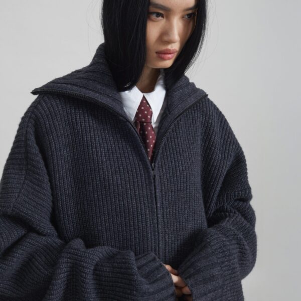 The Frankie Shop Saclay Oversized Zip-Up Cardigan - Charcoal - Oversized Minimalist Knitwear in Grey - Shop at Coveti