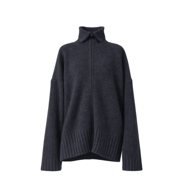 The Frankie Shop Saclay Oversized Zip-Up Cardigan - Charcoal - Oversized Minimalist Knitwear in Grey - Shop at Coveti