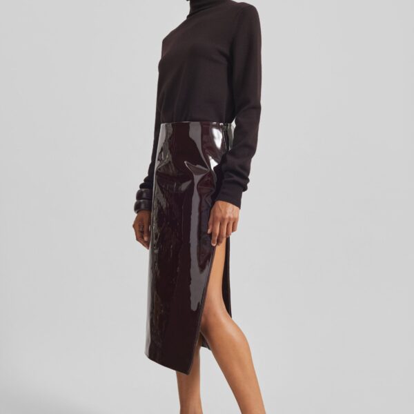 The Frankie Shop Samantha Patent Zip Skirt - Burgundy - Oversized Minimalist Skirts in Red - Shop at Coveti