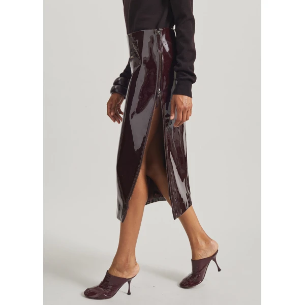 The Frankie Shop Samantha Patent Zip Skirt - Burgundy - Oversized Minimalist Skirts in Red - Shop at Coveti