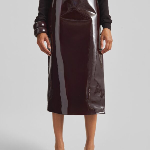 The Frankie Shop Samantha Patent Zip Skirt - Burgundy - Oversized Minimalist Skirts in Red - Shop at Coveti