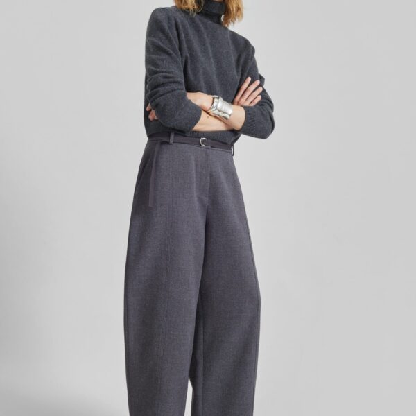 The Frankie Shop Sanve Tapered Leg Pants - Dark Grey Melange - Oversized Minimalist Pants in Grey - Shop at Coveti