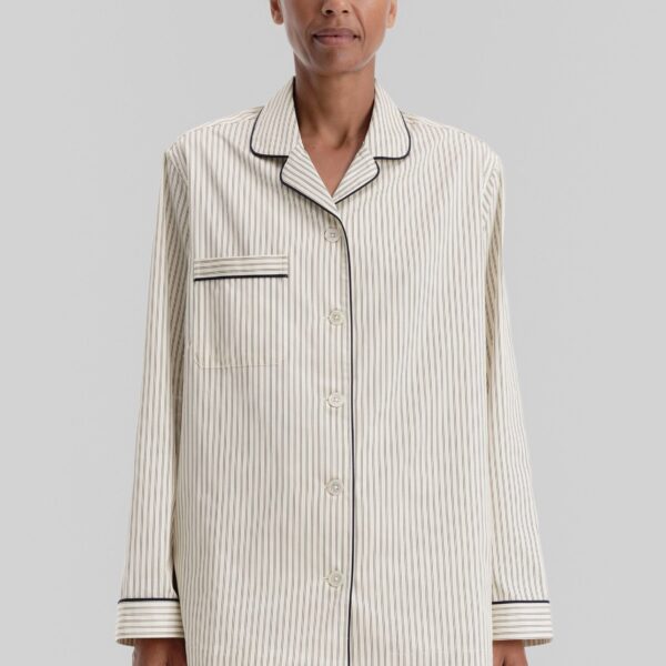 The Frankie Shop Sateen Pyjama Shirt - Brown Pinstripe - Oversized Minimalist Loungewear in Multicolour - Shop at Coveti