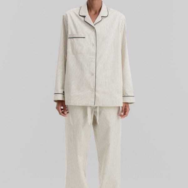 The Frankie Shop Sateen Pyjama Shirt - Brown Pinstripe - Oversized Minimalist Loungewear in Multicolour - Shop at Coveti