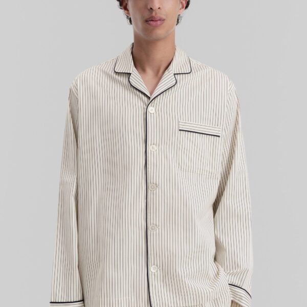 The Frankie Shop Sateen Pyjama Shirt - Brown Pinstripe - Oversized Minimalist Loungewear in Multicolour - Shop at Coveti