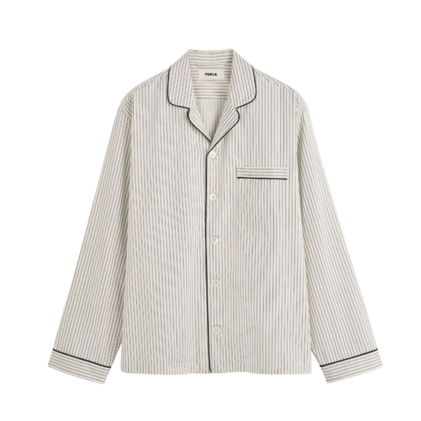 The Frankie Shop Sateen Pyjama Shirt - Brown Pinstripe - Oversized Minimalist Loungewear in Multicolour - Shop at Coveti