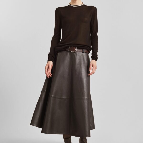 The Frankie Shop Savil Leather Midi Skirt - Dark Brown - Oversized Minimalist Skirts in Beige - Shop at Coveti
