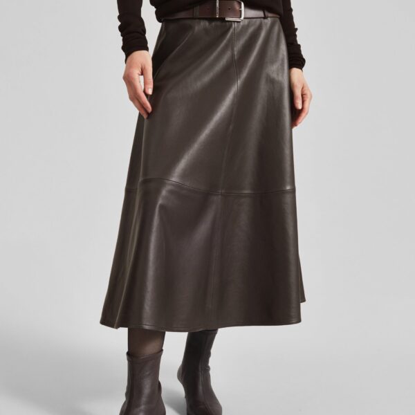 The Frankie Shop Savil Leather Midi Skirt - Dark Brown - Oversized Minimalist Skirts in Beige - Shop at Coveti