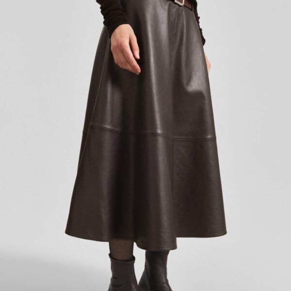 The Frankie Shop Savil Leather Midi Skirt - Dark Brown - Oversized Minimalist Skirts in Beige - Shop at Coveti