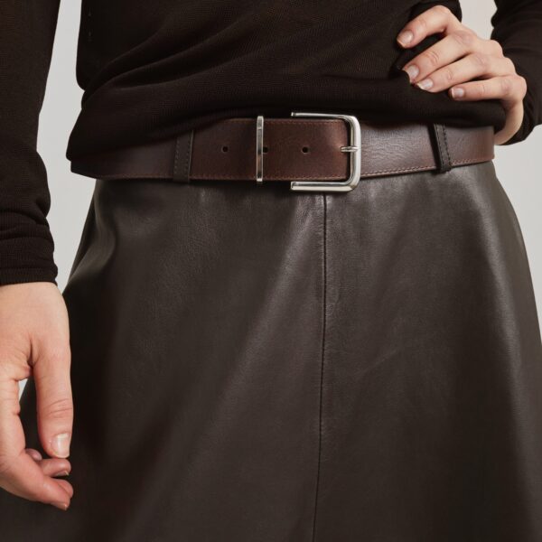 The Frankie Shop Savil Leather Midi Skirt - Dark Brown - Oversized Minimalist Skirts in Beige - Shop at Coveti