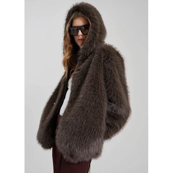 The Frankie Shop Savoie Faux Fur Hooded Jacket – Brown, view 4