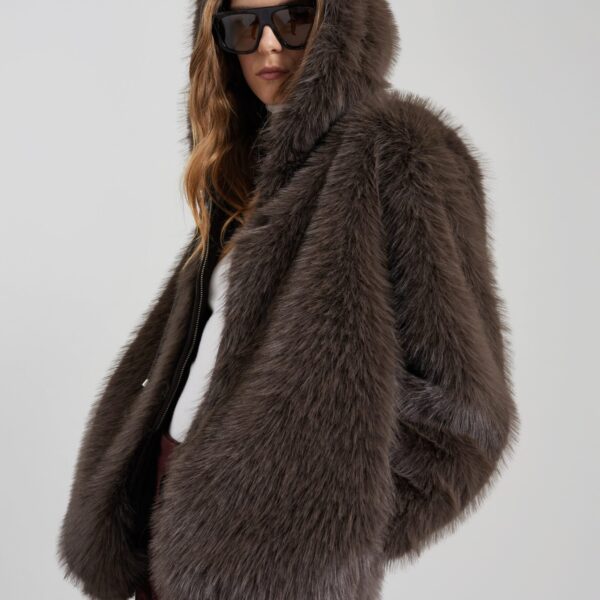 The Frankie Shop Savoie Faux Fur Hooded Jacket - Brown - Oversized Minimalist Jackets in Beige - Shop at Coveti