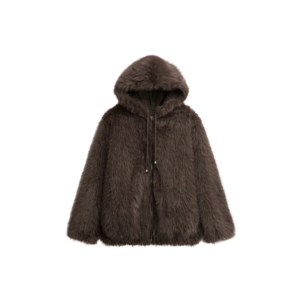 The Frankie Shop Savoie Faux Fur Hooded Jacket - Brown - Oversized Minimalist Jackets in Beige - Shop at Coveti
